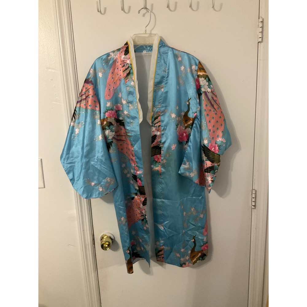 Light Blue Satin Peacock Floral Kimono Robe Wide Sleeve Loungewear Dressing Gown